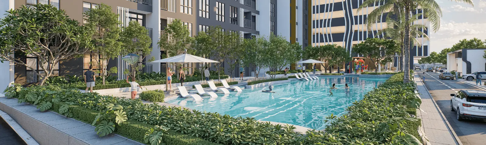 Sky Curve resort-style pool deck between the two towers, with curved white facade detailing